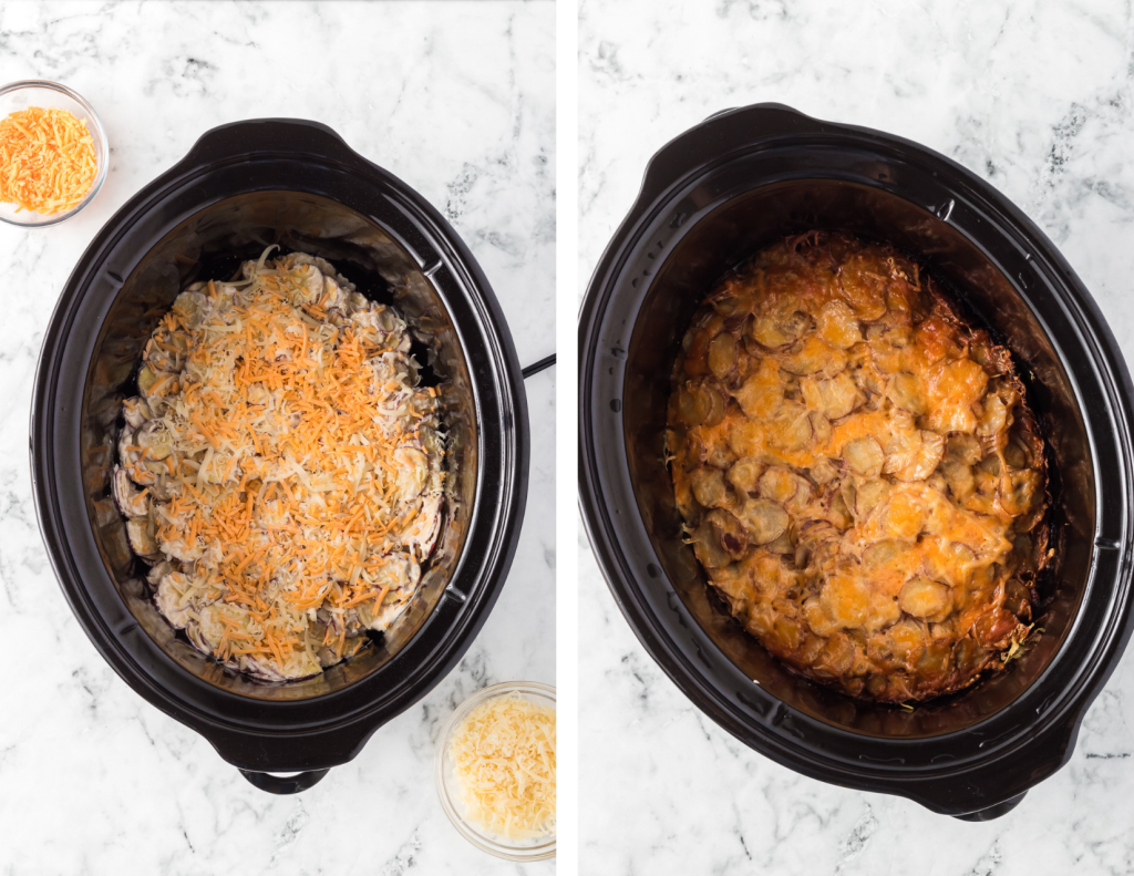 Second set of process photos for Slow Cooker Scalloped Potatoes.