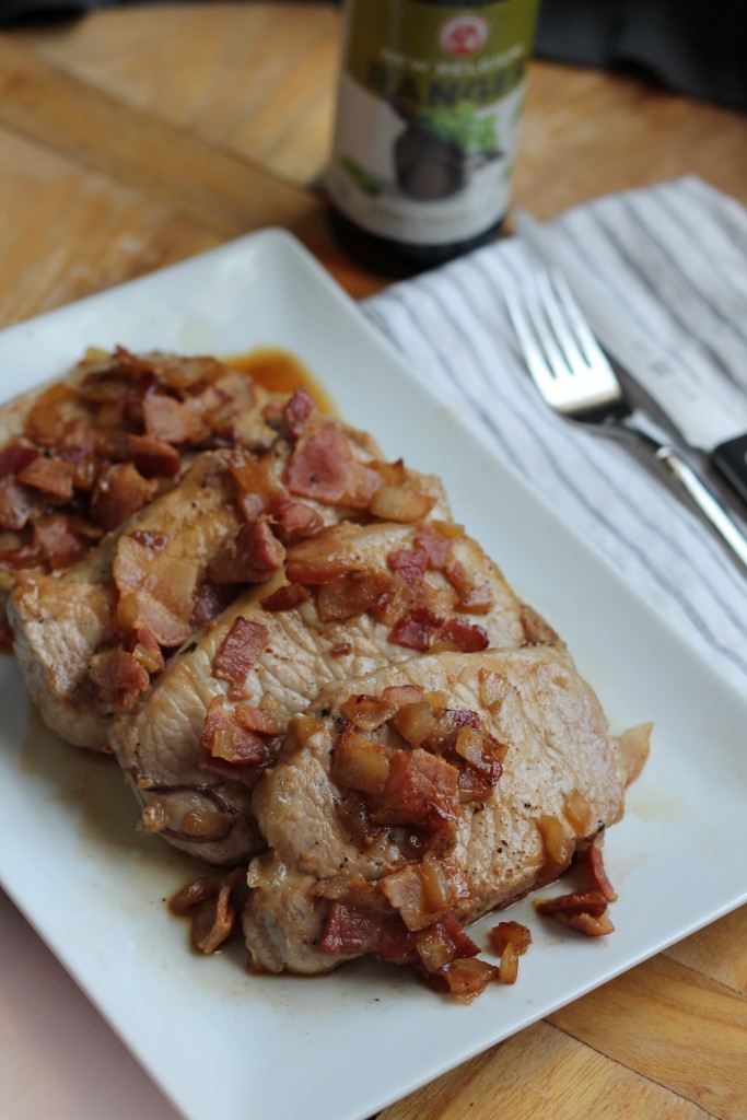 Smothered Pork with Beer, Bacon, Onion Relish