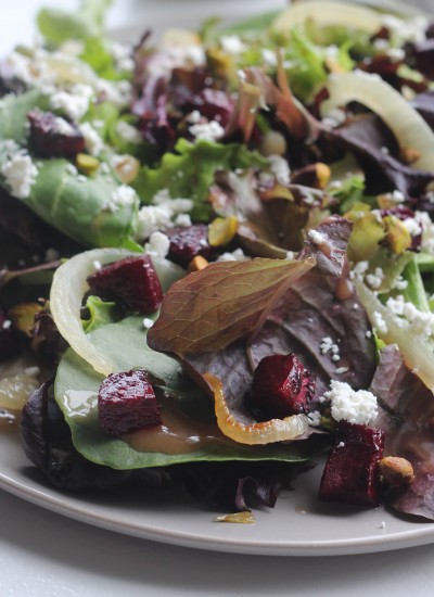 Mixed Greens with Roasted Beets, Caramelized Onions, Goat Cheese and Pistachios
