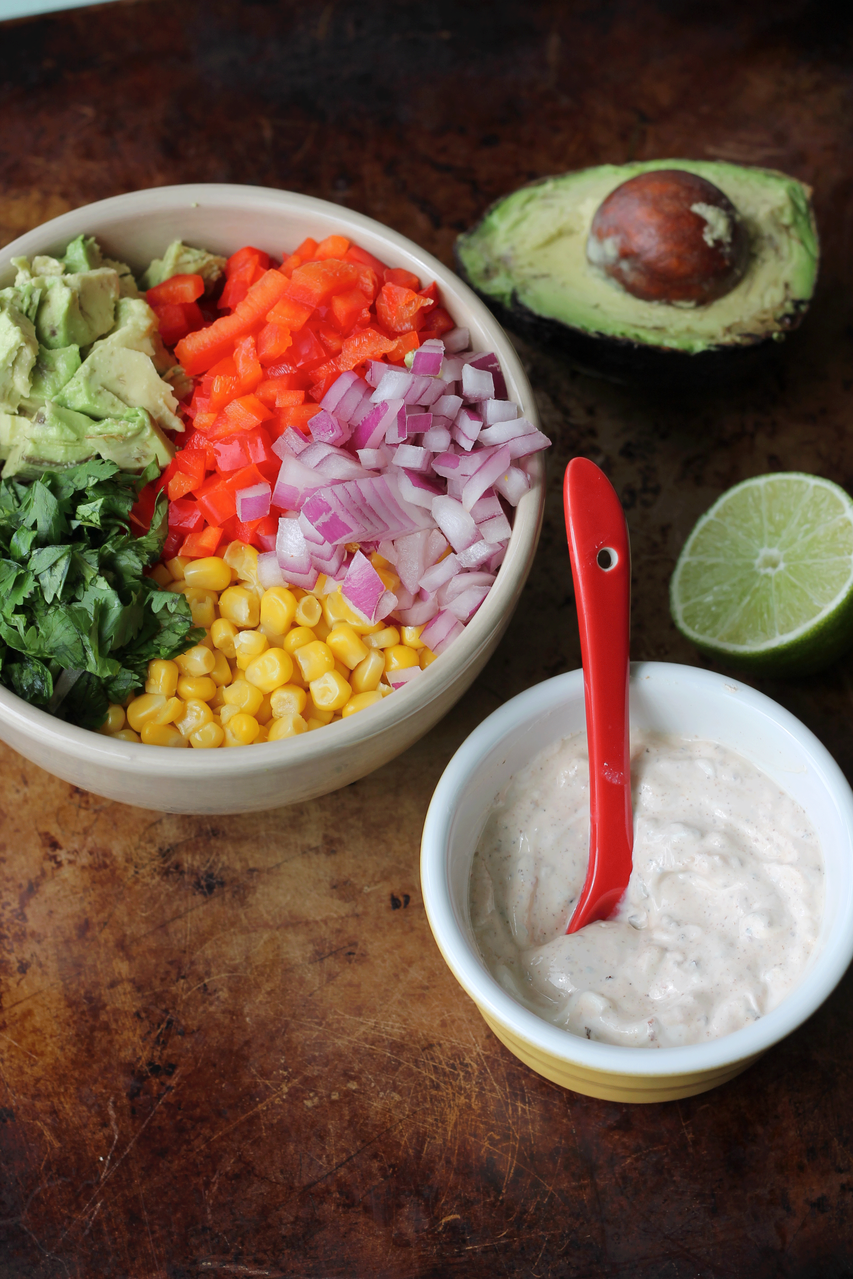 Toppings for tacos - Avocado Corn Salsa and Chipotle Sour Cream