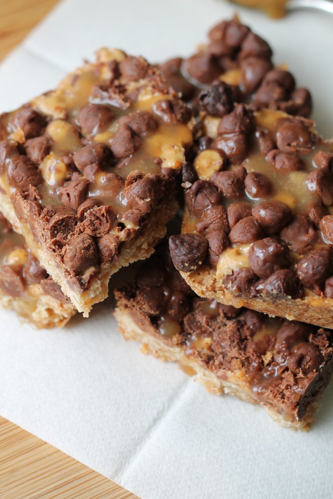 Chocolate Crunch Bars with Bourbon Caramel Sauce