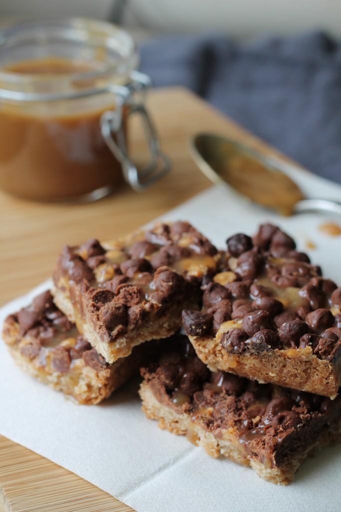 Chocolate Crunch Bars with Bourbon Caramel Sauce