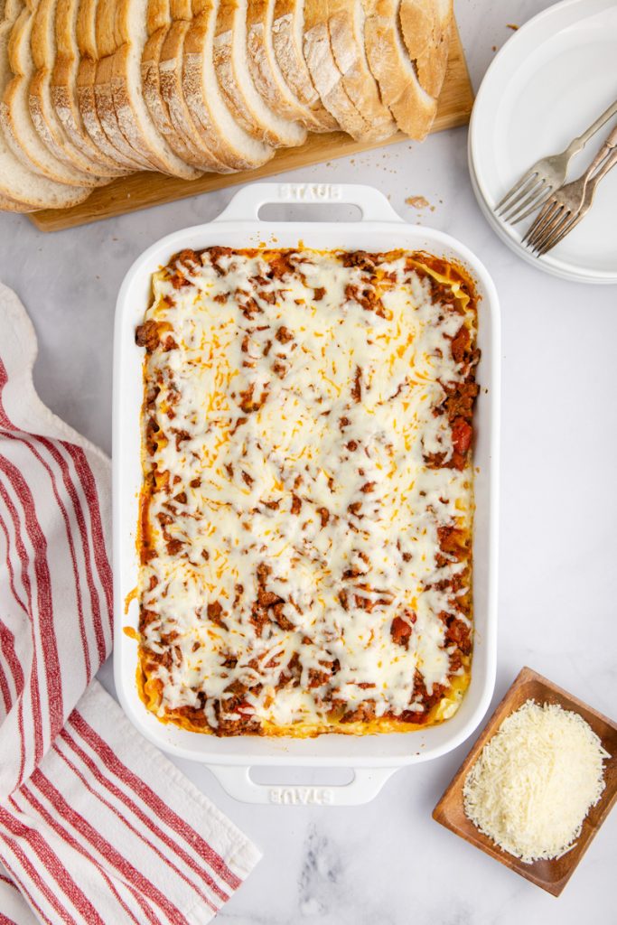 A baking dish filled with an Italian comfort food.