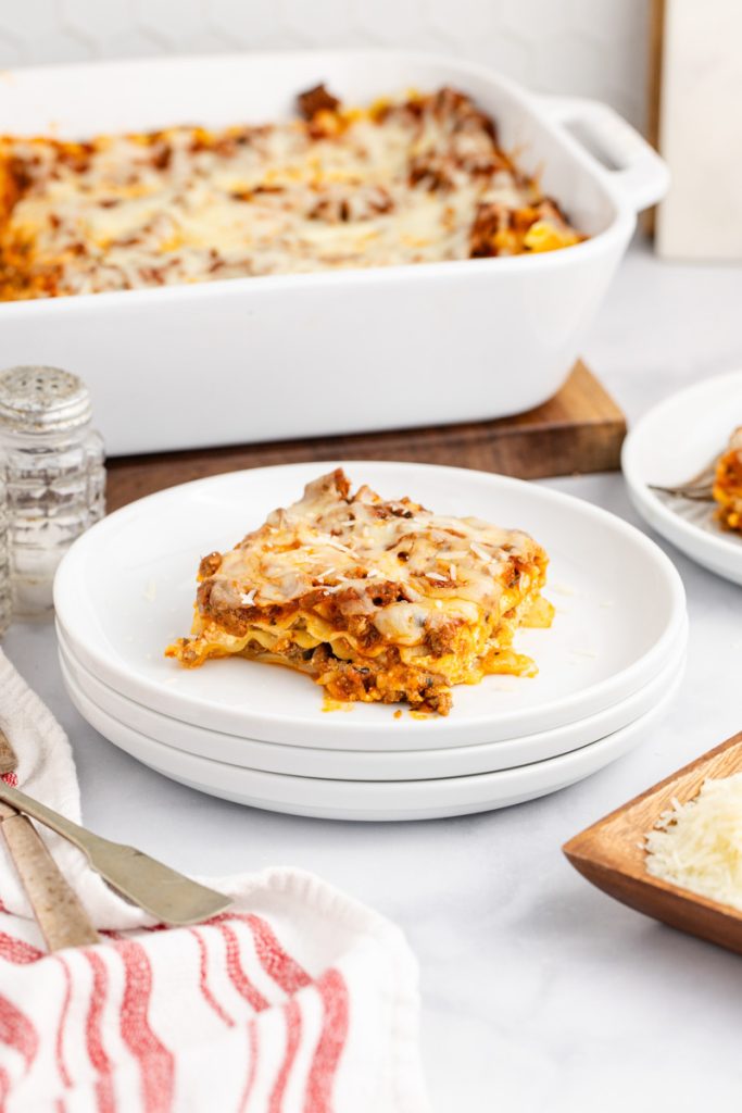 Noodles, cheese, and meat sauce in a hearty pasta dinner.