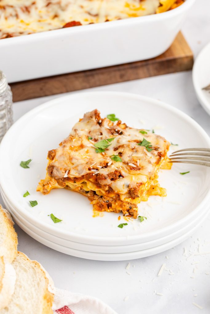 Layers of noodles, pasta sauce with meat, and lots of cheese!