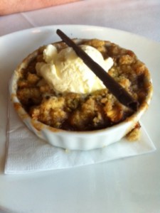 Peach Cobbler with Lemon Pistachio Shortbread Crust, and Homemade Vanilla Ice Cream