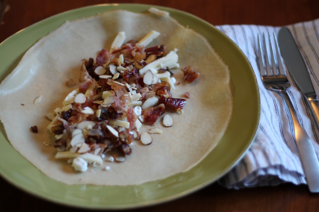 Hot Date Crepe filled with cheese, bacon, onions and dates