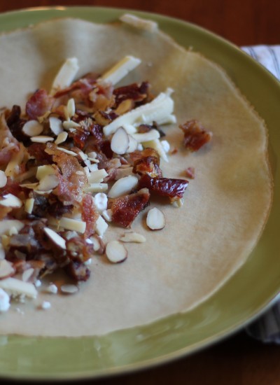 Hot Date Crepe filled with cheese, bacon, onions and dates