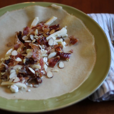 Hot Date Crepe filled with cheese, bacon, onions and dates