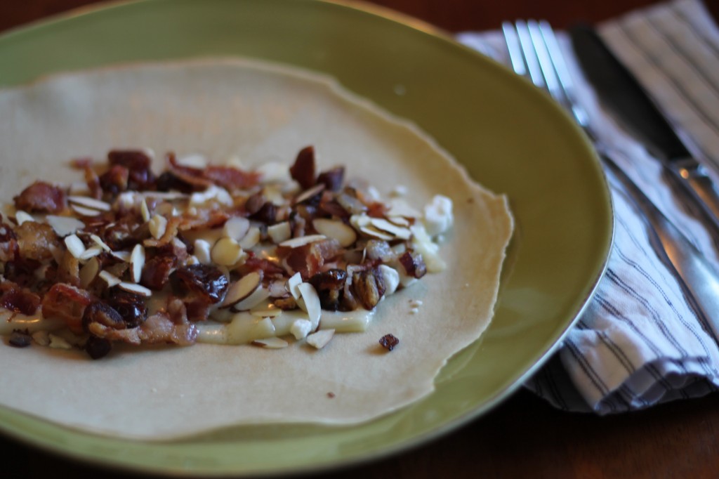 Hot Date Crepe filled with cheese, bacon, onions and dates