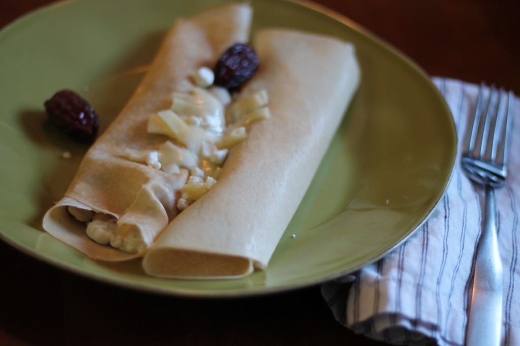 Hot Date Crepe filled with cheese, bacon, onions and dates