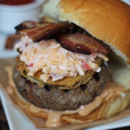 Southern Burger with Fried Green Tomatoes and Pimento Cheese