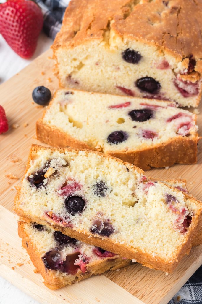 Blueberries, raspberries and strawberries in a quick bread.