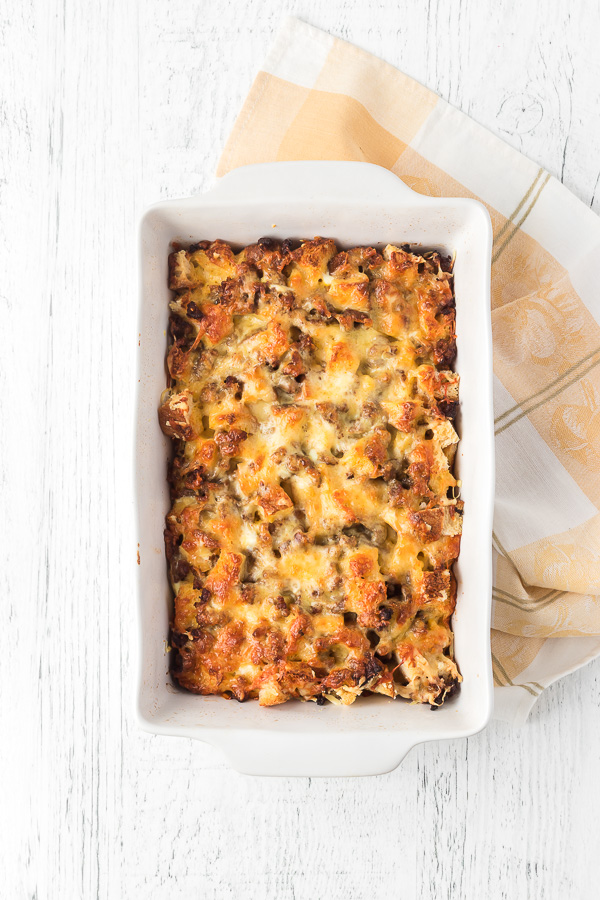 A breakfast sausage casserole out of the oven.
