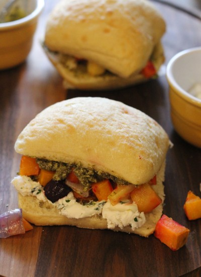 Winter Vegetable Sandwich with Pesto and Whipped Goat Cheese