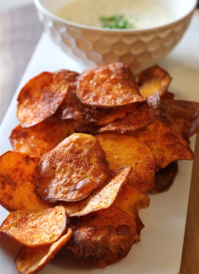 BBQ Sweet Potato Chips with Gorgonzola Herb Dipping Sauce