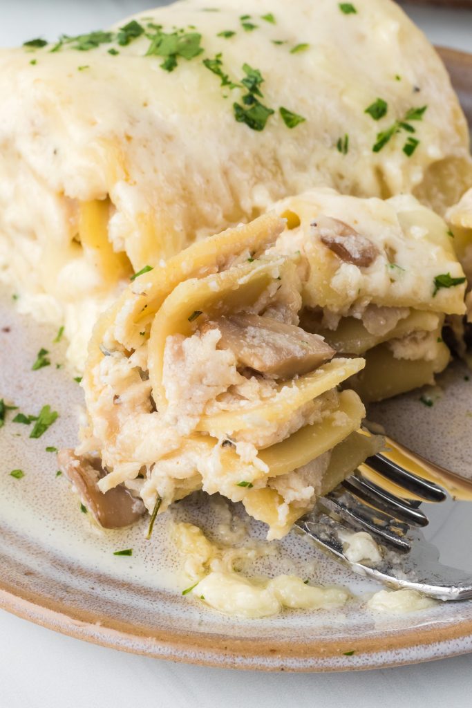 A bite taken out of a chicken lasagna roll.