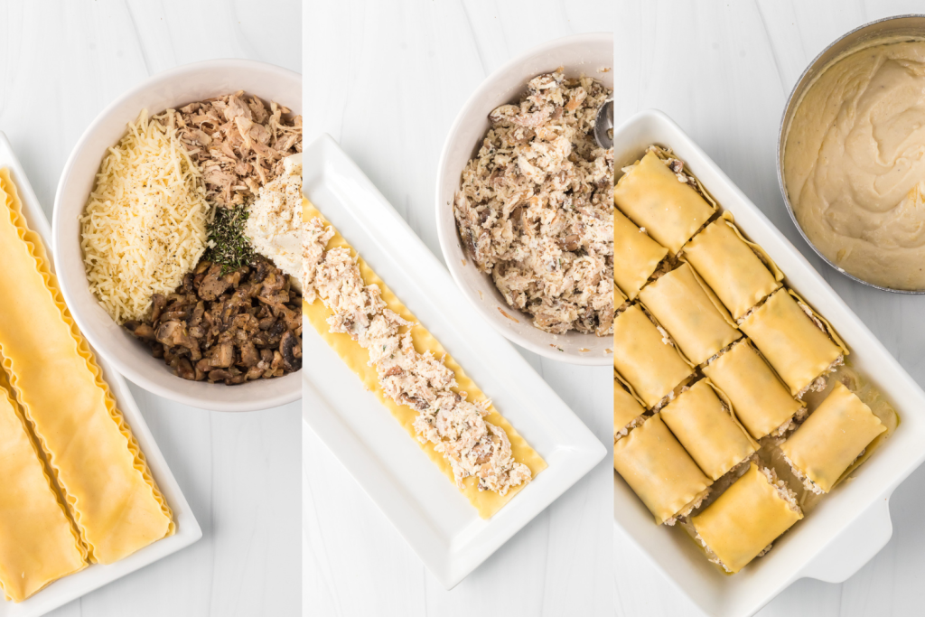 Process photos for Chicken Alfredo Lasagna Roll Ups.