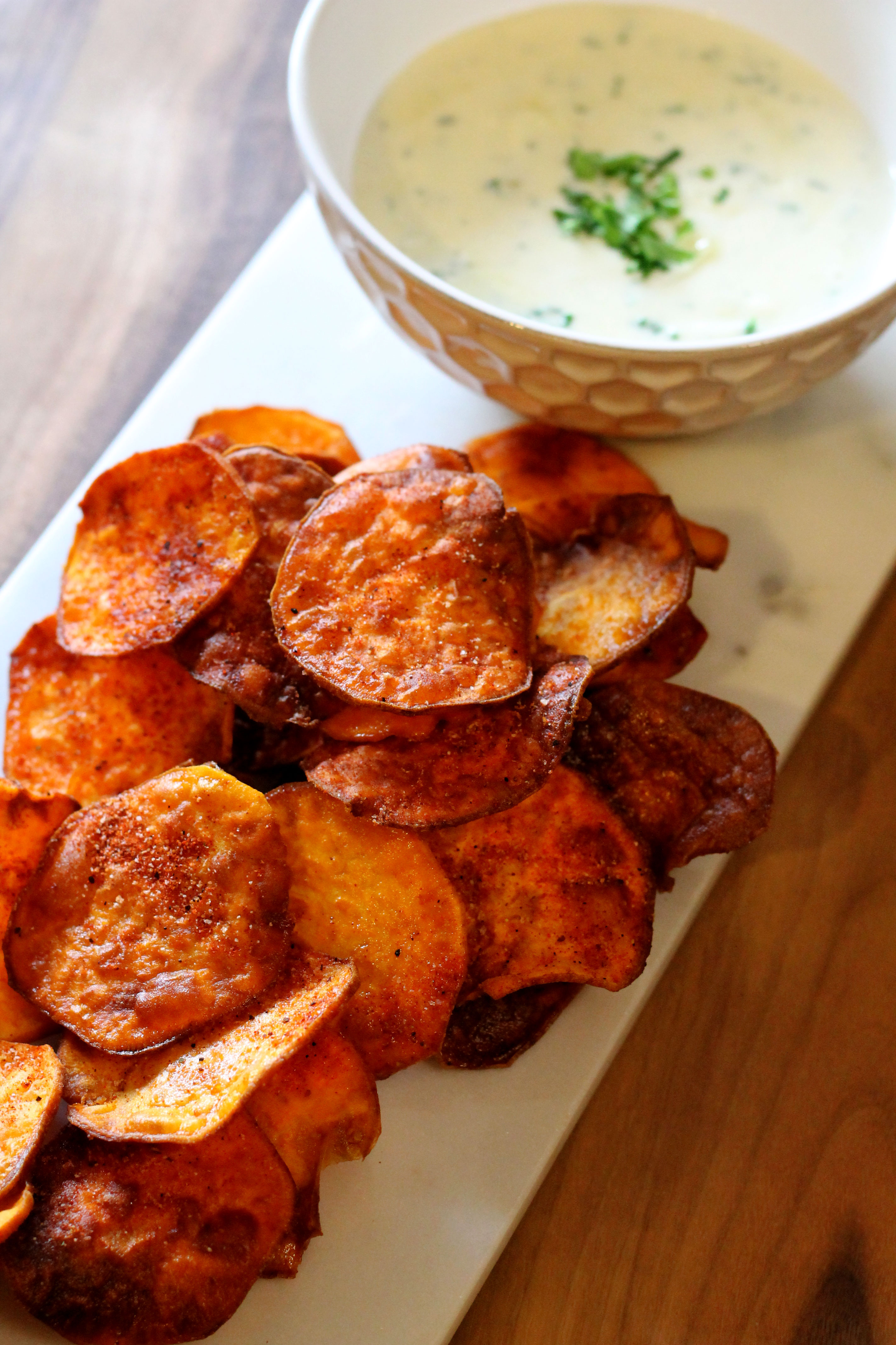 Homemade BBQ Sweet Potato Chips with Gorgonzola Herb Dipping Sauce | Hall Nesting