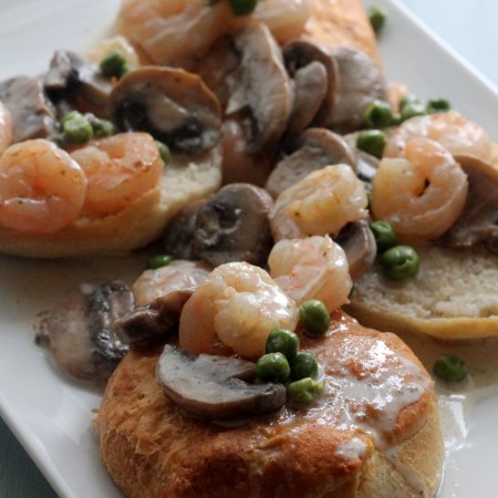 Creamy Shrimp with Mushrooms and Peas served over fluffy biscuits | Hall Nesting