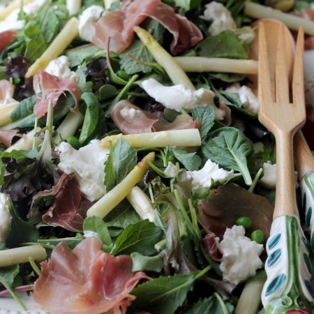 Spring Salad with Asparagus, Peas, Prosciutto and Burrata