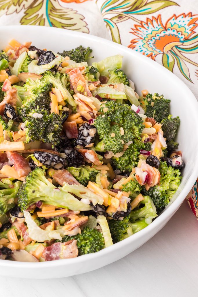 Cheese, almonds, bacon, cranberries, and more make this easy salad with broccoli a family favorite.
