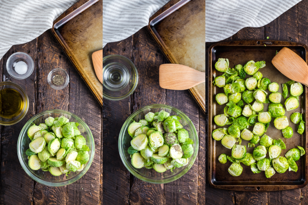 Process shots for Honey Mustard Brussels Sprouts.