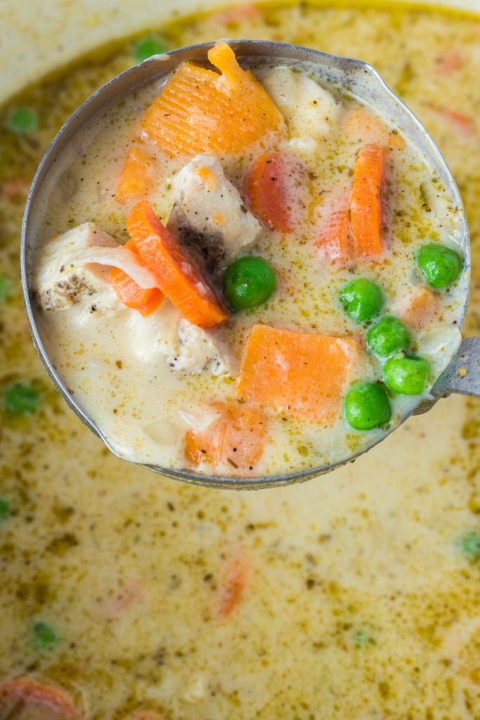 A ladleful of Pot Pie Soup made with turkey.