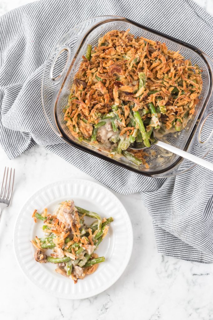 Green beans and mushrooms in a creamy wine sauce.