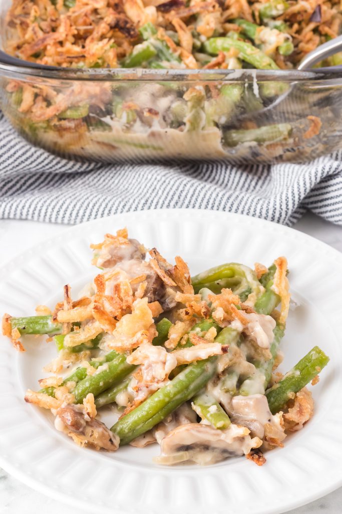 A classic green bean side dish with fried onions.