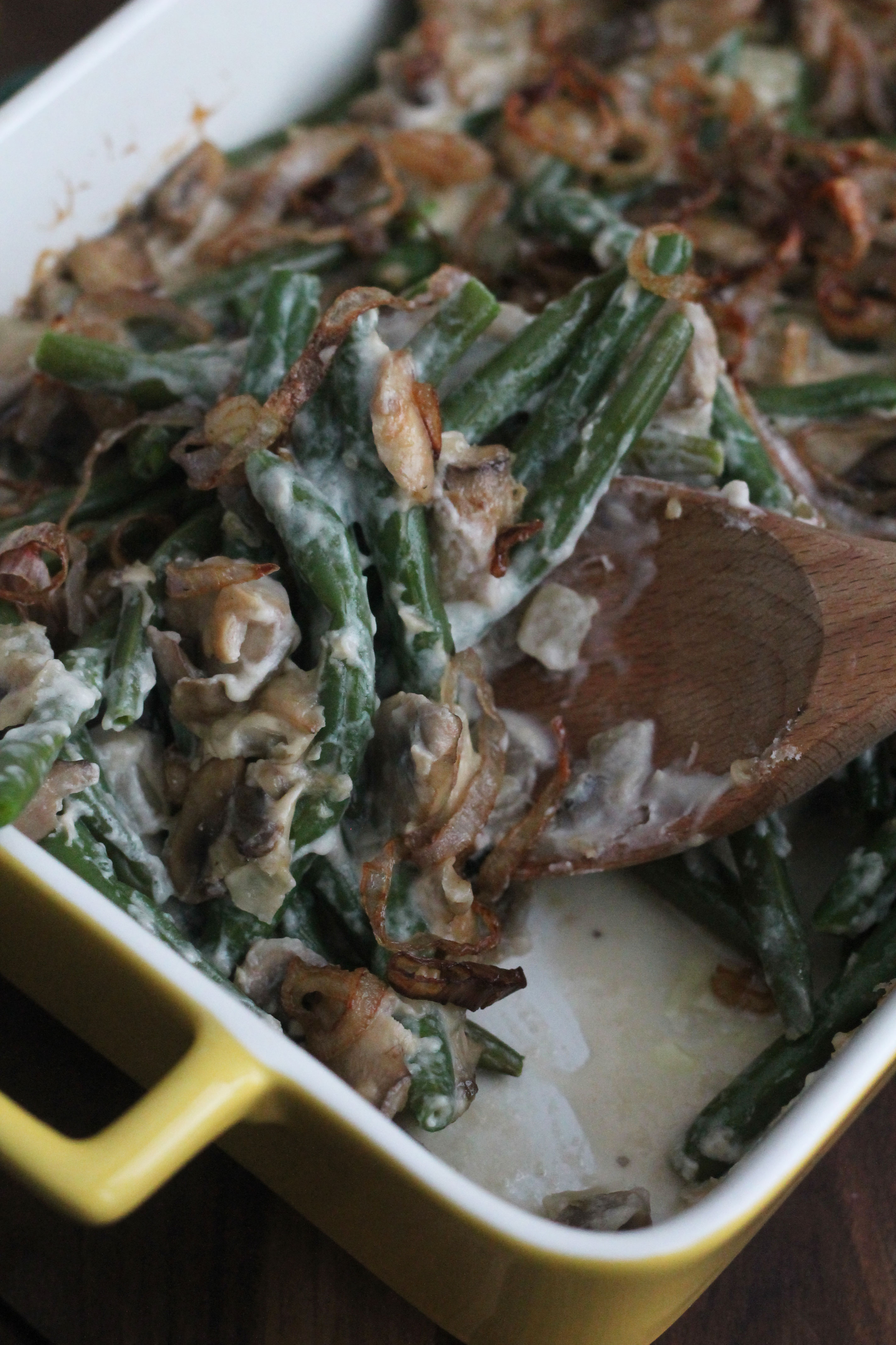 With fresh green beans, homemade creamy mushroom sauce, and fried shallots this dish gives the old Green Bean Casserole a run for its money