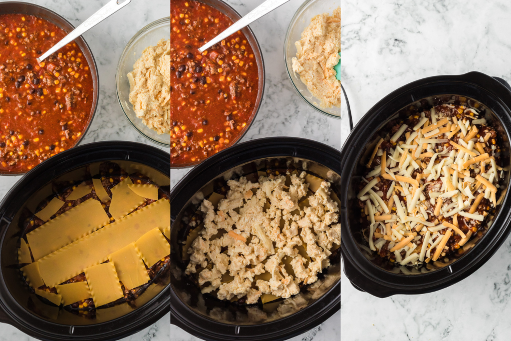 Second set of process photos for Slow Cooker Mexican Lasagna.