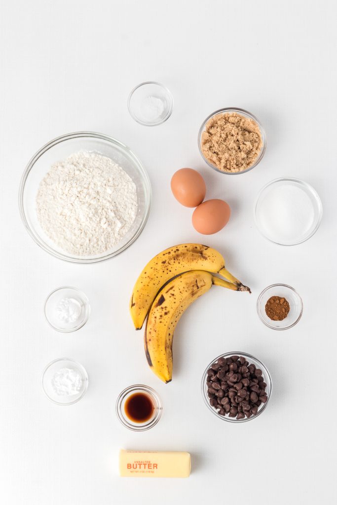 Ingredients for Banana Chocolate Chip Muffins.