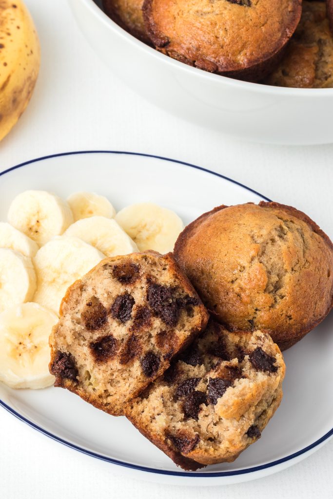 Muffins made with banana and chocolate chips.