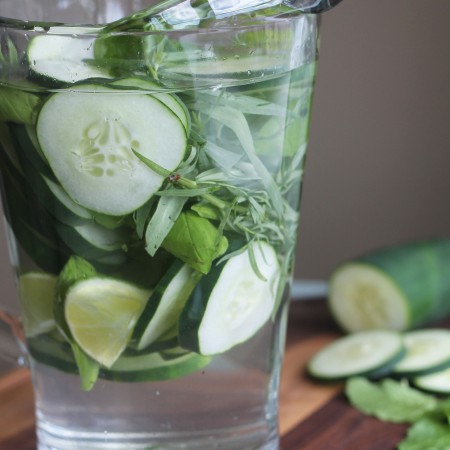 Refreshing Water flavored with cucumbers, lime, and herbs