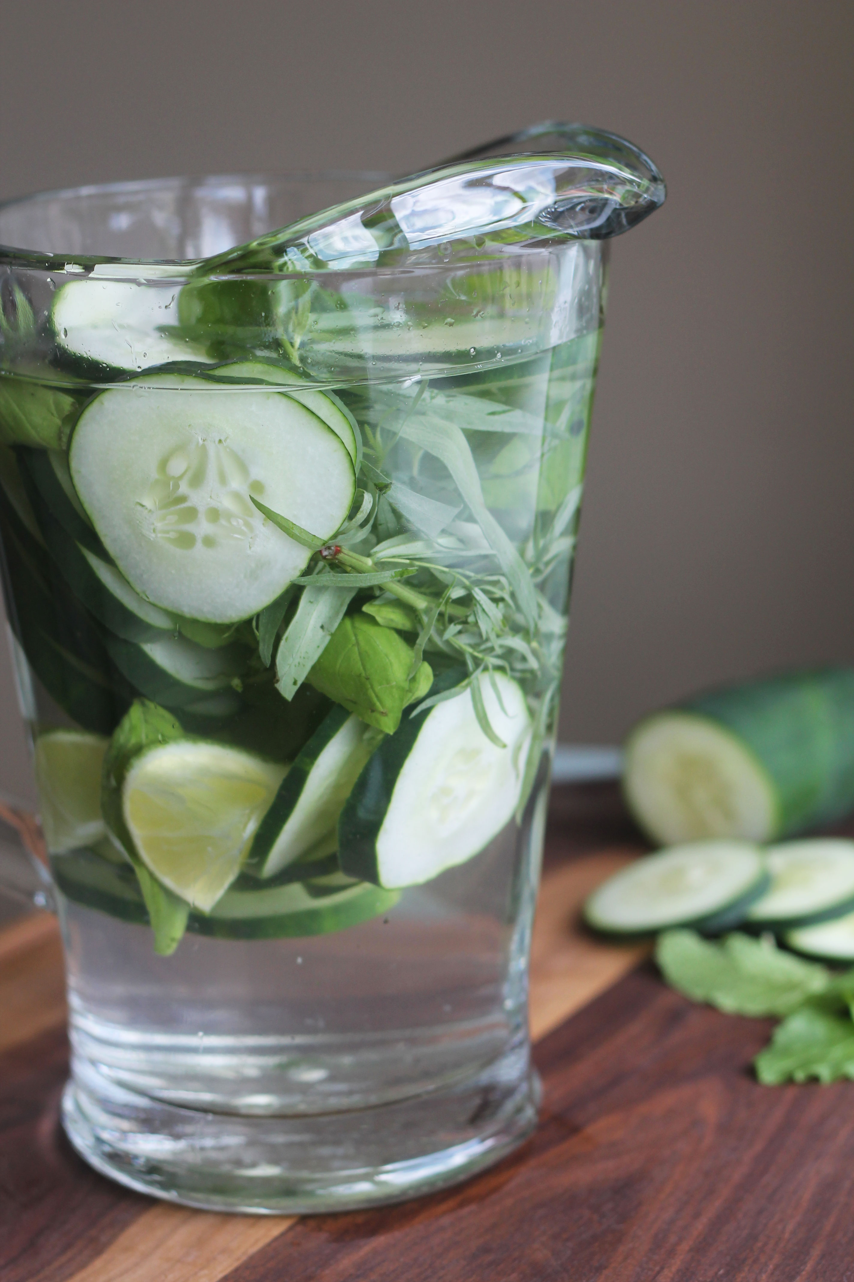 Refreshing Water flavored with cucumbers, lime, and herbs