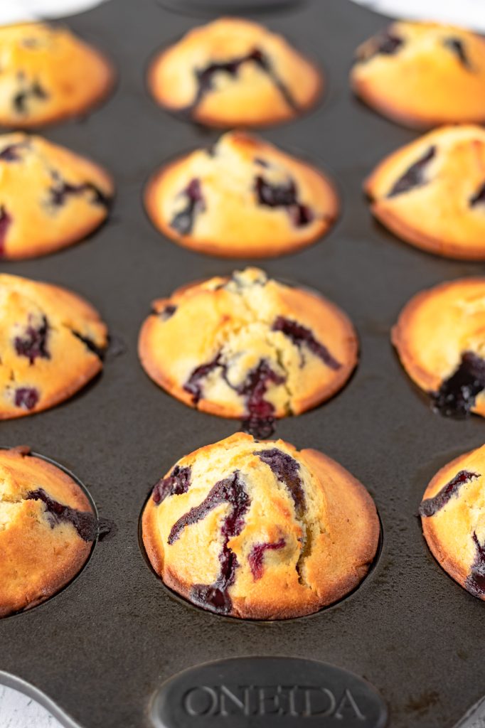Baked muffins bursting with fresh blueberries.