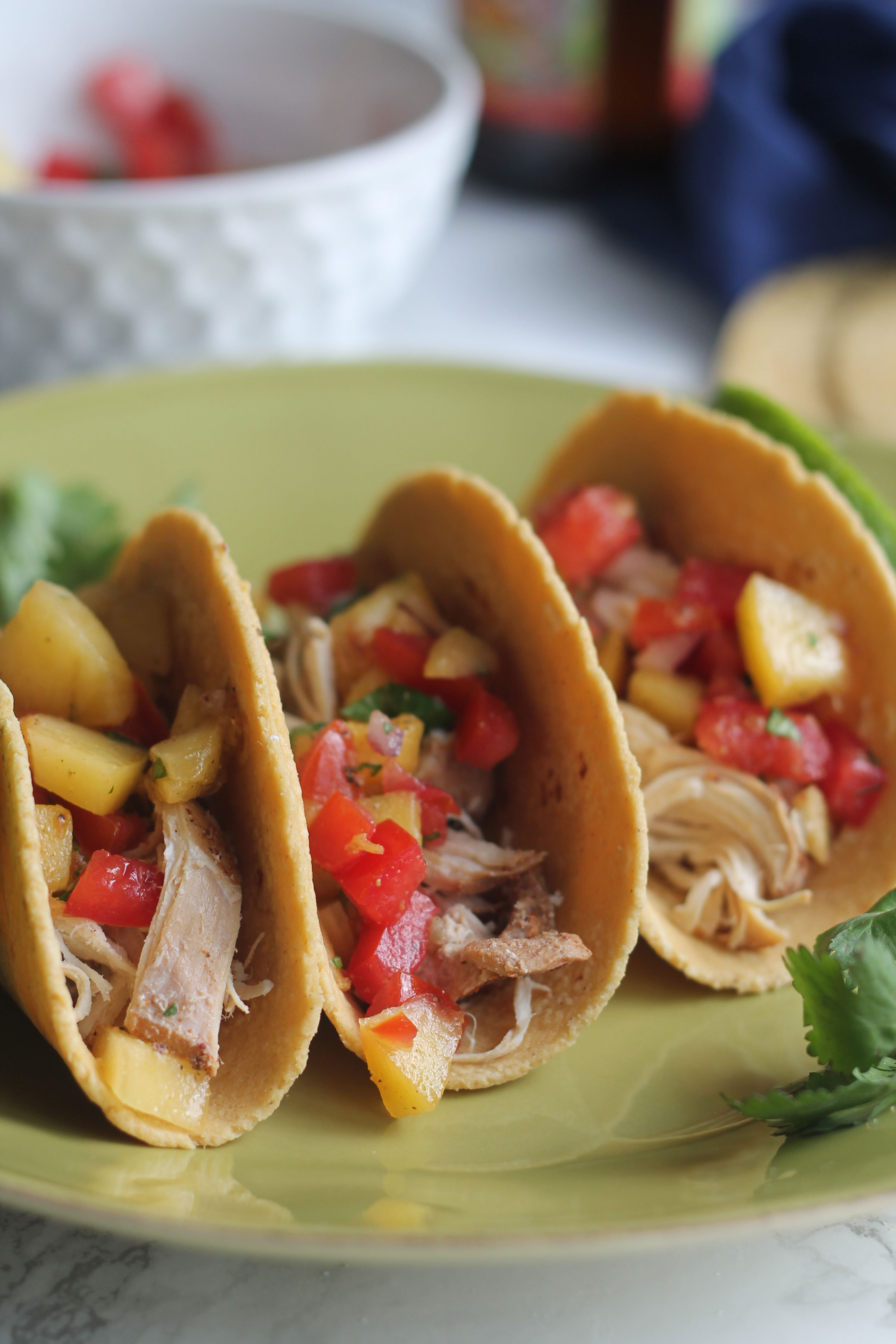 Easy Slow Cooker Beer Chicken Tacos with a quick Peach Salsa