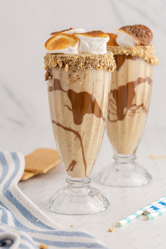 Chocolate, graham crackers, and toasted marshmallows in a milkshake.