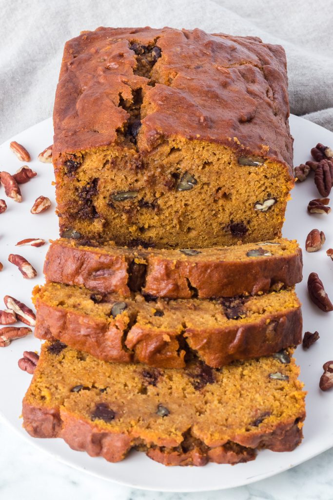 Pumpkin Quick Bread with chocolate and pecans.