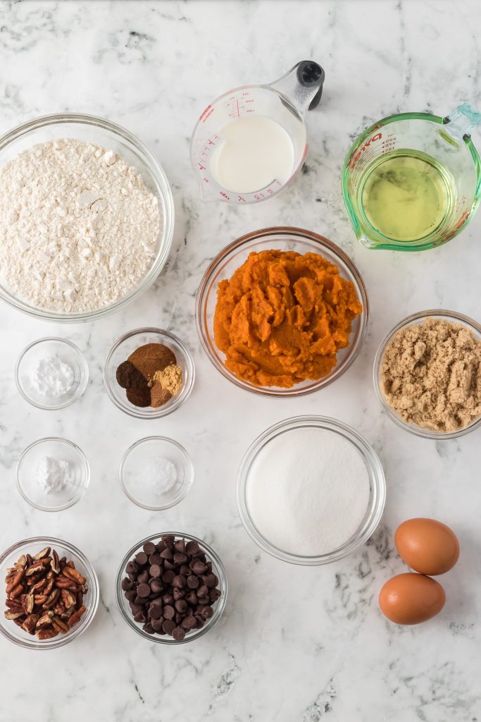 Ingredients for Pumpkin Chocolate Chip Bread.