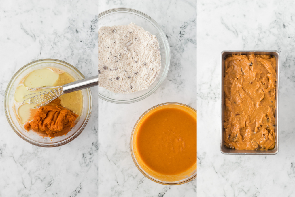 Second set of process photos for Pumpkin Chocolate Chip Bread.