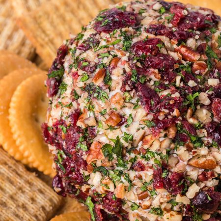 A ball of cheese with cranberries, and pecans.