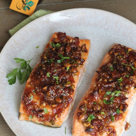 Salmon with Figs, Pistachios, and Bacon