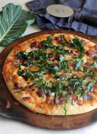 Black Eyed Peas, Collard Greens, and Sausage Pizza to bring good luck in the new year
