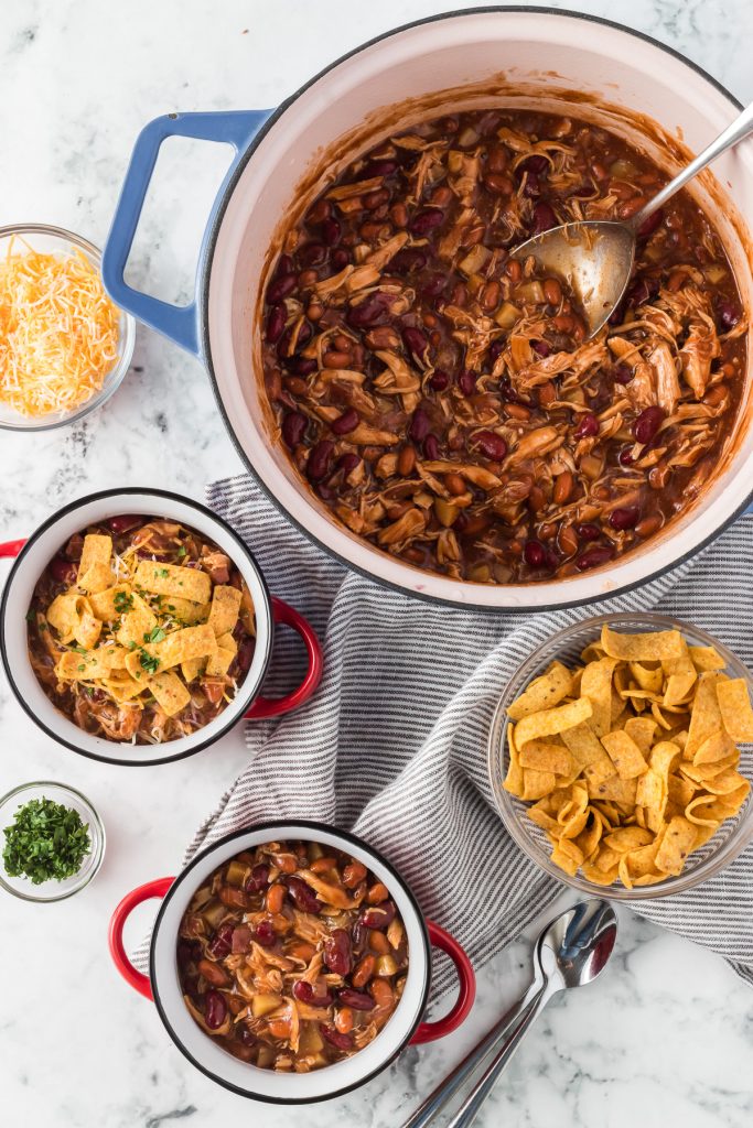 Bowls of chili made with shredded chicken.