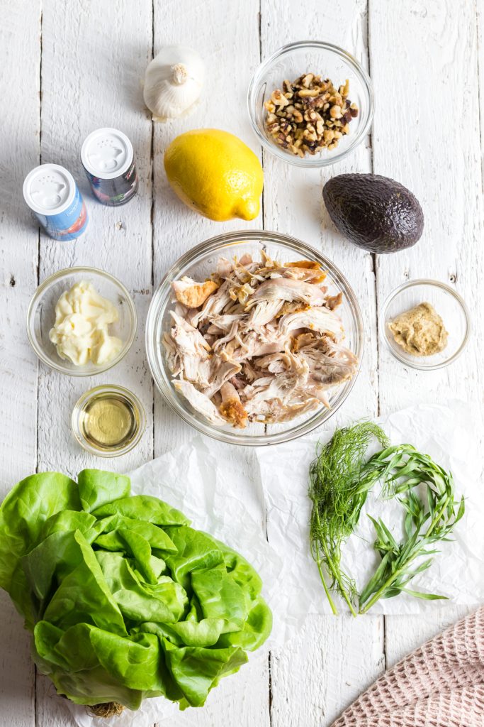 Ingredients for Avocado Chicken Salad Lettuce Wraps.