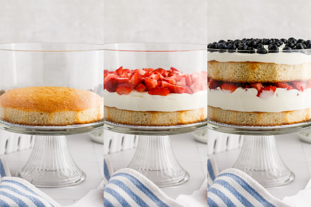 Process photos for a no bake berry trifle.