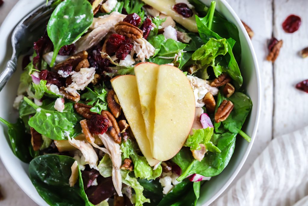 Salad with sliced apples, chicken and more!