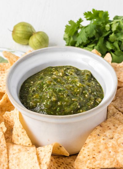 A dish of fresh green salsa.